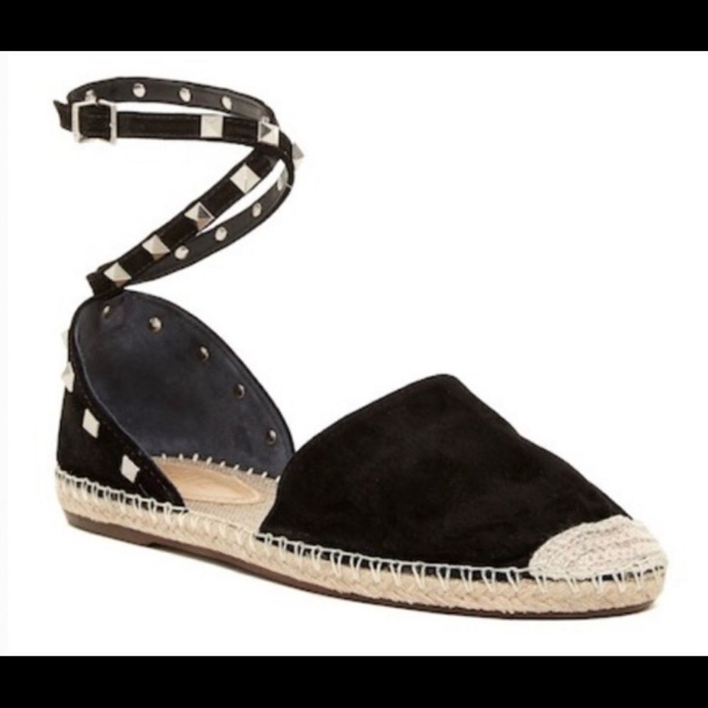 SCHUTZ Studded Suede Leather Espadrille Flat Sandal Black 9